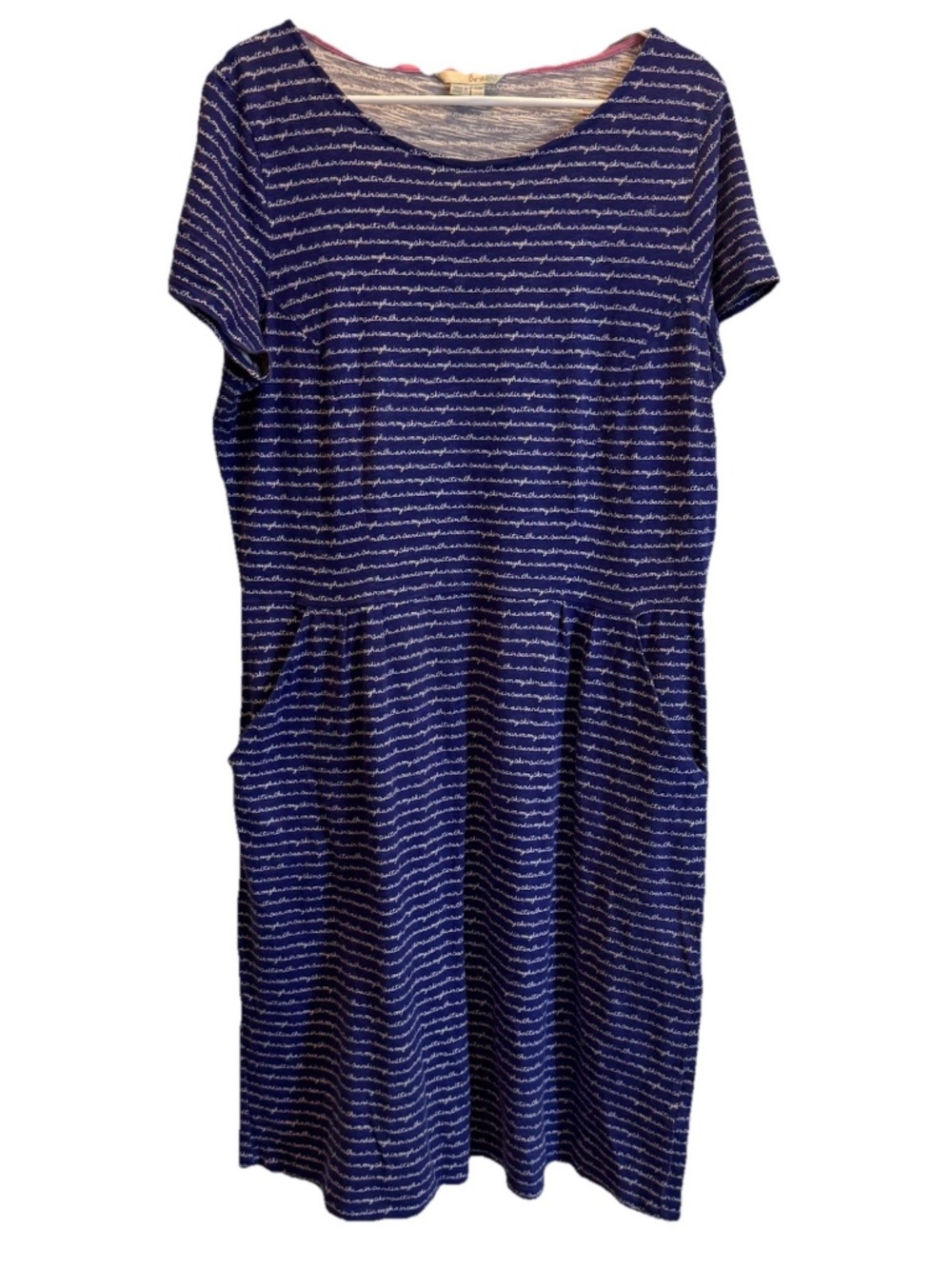 Boden Phoebe Navy Blue All Over Script Print 100% Cotton Knit Dress Size 14